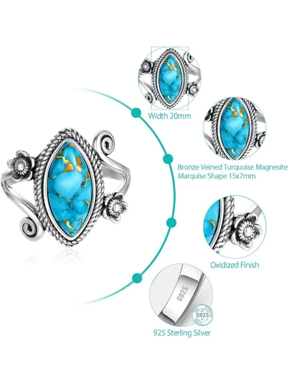 Boho Turquoise Stacking Rings for Women - Vintage 925 Sterling Silver Statement